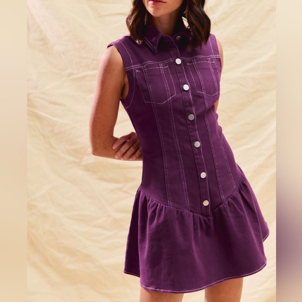 Purple Sleeveless Button-Down Dress White Stitching size Medium - Picture 1 of 14